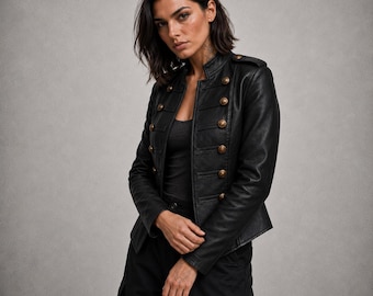 Womens Black Sheepskin Leather Military Jacket, Brass Button Gothic Officer Coat, Fitted Moto Blazer, Handmade Steampunk Jacket