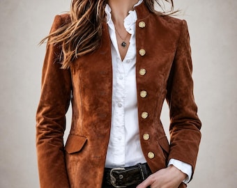 Women’s Brown Suede Jacket, Vintage Tailored Blazer, Victorian Steampunk Coat, Fitted Button Jacket, Elegant Leather Jacket