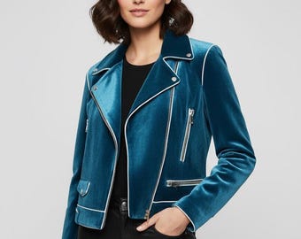 Velvet Biker Jacket for Women | Purple & Blue Velvet Moto Jacket with White Piping | Trendy Faux Leather Accent | Soft Velvet Fashion