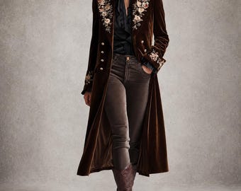 Chocolate Brown Velvet Long Coat with Floral Embroidery and Gold Buttons