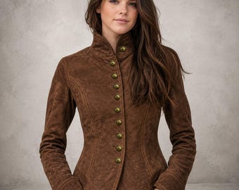 Women’s Brown Suede Leather Jacket, Fitted Victorian Military Style with Brass Buttons