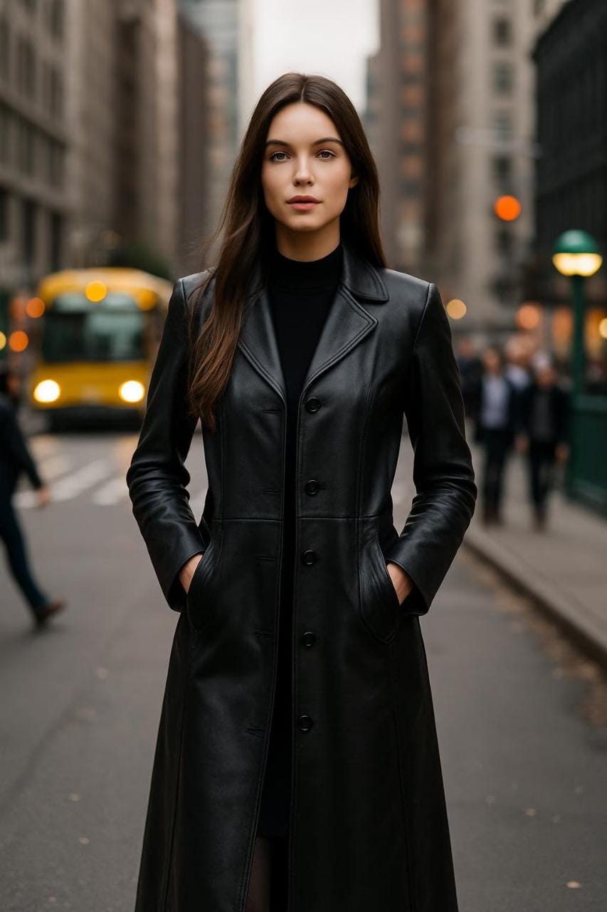 Long Manteau En Cuir Véritable Taille M/L - Noir, Doublé, Manches 3/4 - Occasion Très Bon état