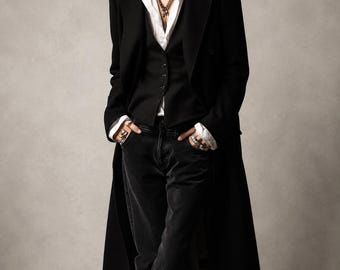 Women’s Vintage Noir Maxi Blazer Coat & Vest Set, Black Tailored Gothic Long Coat, Victorian Two-Piece Suit