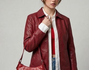 Chaqueta de cuero burdeos para mujer / Estilo motero vintage de primera calidad / Ropa urbana de cuero suave y auténtico / Regalo para ella / Abrigo motero de corte ajustado