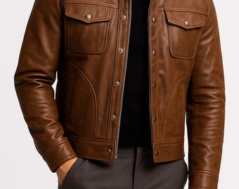 ブラウンシープスキンレザートラッカージャケット：メンズクラシック