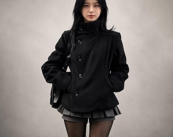 Women’s Black Wool Coat, Asymmetric High Collar Jacket, Gothic Military Blazer, Tailored Short Winter Coat, Handmade Outerwear