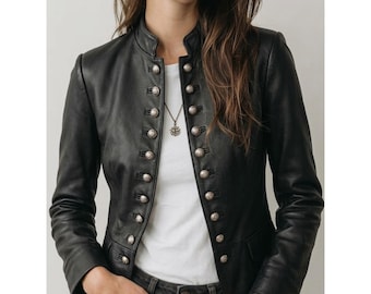Vintage Military Leather Jacket Women Black Slim Fit Leather Blazer Gothic Steampunk Lambskin Coat Retro Parade Jacket Gift For Girlfriend