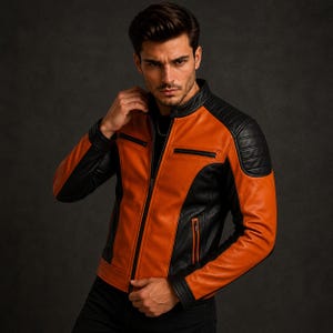 Puede incluir: Una chaqueta de cuero con bloques de color que presenta un panel central y mangas de color naranja vibrante en contraste con paneles laterales, hombros y cuello negros. La chaqueta incluye una cremallera frontal completa, cuello con botón a presión y bolsillos con cremallera.