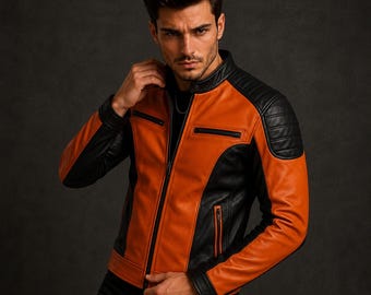 May include: A color-blocked leather jacket featuring a vibrant orange center panel and sleeves contrasted with black side panels, shoulders, and collar. The jacket includes a full-length front zipper, a snap-button collar, and zippered pockets.