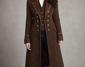 Women’s Brown Suede Long Coat, Retro Double Breasted Tailored Coat, Vintage Victorian Military Jacket with Matching Waistcoat