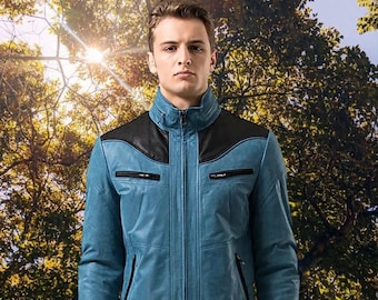 Blau & Schwarz Lammleder Bikerjacke - Cold Core Slim Fit