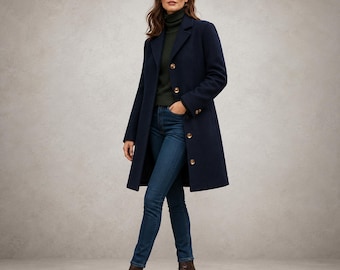 Women’s Navy Wool Long Coat, Tailored Gold Button Winter Overcoat, Made to Order