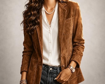Women’s Cognac Brown Leather Blazer, Distressed Genuine Leather Jacket, Vintage Tailored Coat, Two Button Handmade Fall Jacket
