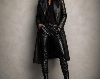Women’s Vintage Military Leather Long Coat, Black Sheepskin Retro Trench Coat, Gothic Vacation Outerwear