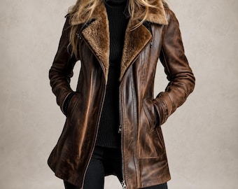 Women’s Distressed Brown Leather Coat, Shearling Collar Long Winter Jacket