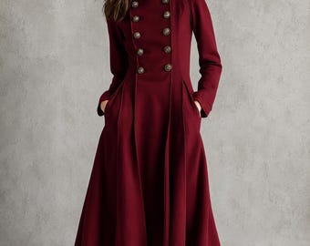 Vintage Burgundy Double-Breasted Midi Coat Dress, Women’s Military Long Coat