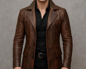Brown Faux Leather Trench Coat: Slim Fit, Modern Biker Style