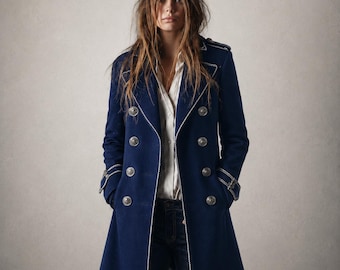 Dark Navy Military Coat, Women’s Double Breasted Wool Coat, 90s Inspired Silver Trim Jacket