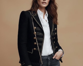 Office chic blazer Metal Button Tweed Blazer | Classic Black and Gold Blazer for Women | Elegant Tailored Jacket