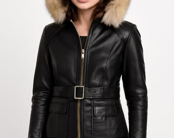 Genuine Leather Fur Trimmed Hood Winter Jacket - Cold Core Design