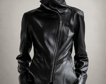 Women’s Black Leather Jacket, Asymmetrical High Collar Avant-Garde Gothic Moto Coat