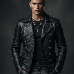 以下が含まれることがあります： 複数の装飾ボタンとノッチカラーが付いた黒い革のジャケット。 ジャケットはダブルブレストのデザインで、お揃いの革パンツと組み合わせています。 ペンダント付きのシルバーチェーンネックレスが見えます。