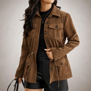 Veste utilitaire en velours côtelé marron pour femme, manteau boutonné à quatre poches avec cordon de serrage à la taille