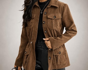 Women’s Brown Corduroy Utility Jacket, Four-Pocket Button Coat with Adjustable Drawstring Waist