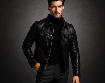 Puede incluir: Una chaqueta de cuero negra con cuello clásico, cierre frontal de botones y dos bolsillos en el pecho con solapas abotonadas. La chaqueta se lleva sobre un suéter de cuello alto negro y se combina con pantalones negros, creando un conjunto monocromático.