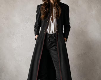 Vintage Inspired Black Military Coat, Women’s Long Gothic Coat with Red Piping