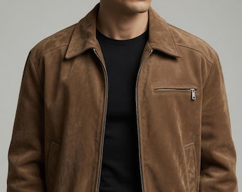 Chaqueta bomber de ante marrón para hombre – Chaqueta bomber de ante vintage de primera calidad hecha a mano, chaqueta informal de lujo con cremallera.