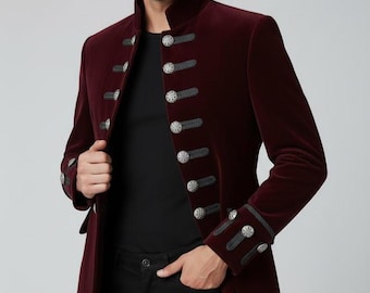 Mens Velvet Goth Steampunk Victorian Frock Coat | Stylish Burgundy & Black Military Double-Breasted Coat with Silver Buttons