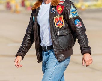Top Gun Maverick Bomber Jacket | Handmade Sheep Leather Flight Pilot Jacket with Patches & Fur Collar | Cosplay