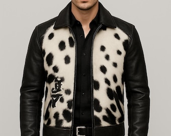 Handmade Cowhide Leather Biker Jacket: Black & White Fur, Vintage Western Style
