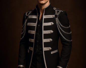 Men's Gothic Steampunk Blazer: Military Style Chain Jacket
