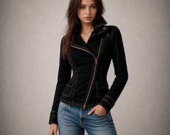 Black Suede Biker Jacket for Women, Fitted Moto Jacket with Contrast Stitching, Asymmetric Zip Fall Outerwear