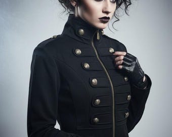 Black Gothic Steampunk Military Drummer Parade Jacket | Victorian-Inspired Doublet with Silver Buttons & Epaulettes | Cosplay,