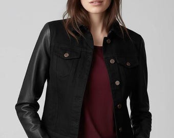 Black Denim Jacket with Leather Sleeves | Stylish Casual Blazer