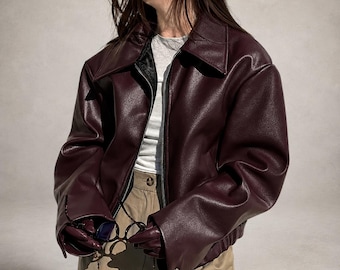 Burgundy Oversized Leather Bomber Jacket for Women, Cropped Moto Jacket, Statement Outerwear