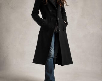 Women’s Black Wool-Blend Midi Coat, Double-Breasted Classic Winter Overcoat