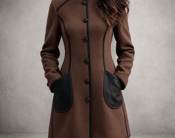 Brown High Neck Wool Coat Women, Buckle Collar Jacket, Contrast Black Leather Trim, Vintage Winter Long Coat, Gothic Outerwear
