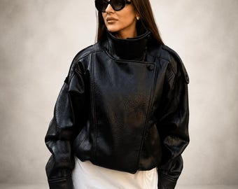 Womens Black Oversized Leather Jacket, Asymmetric High Collar Moto Coat, Avant Garde Designer Biker Jacket, Luxury Outerwear