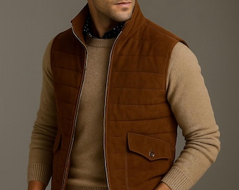 Brown Suede Leather Puffer Vest: Men's Quilted Winter Waistcoat