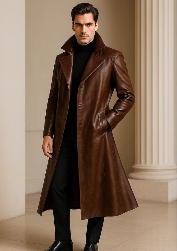 Handmade Full-grain Leather Trench Coat: Double-breasted Winter