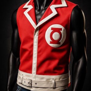 Puede incluir: Un chaleco rojo con ribetes blancos y un cinturón blanco, exhibido en un maniquí. El chaleco presenta un emblema circular con un diseño estilizado. El chaleco se combina con vaqueros azules, creando un contraste llamativo.