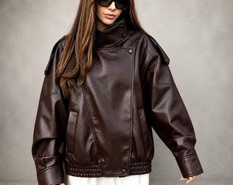 Women’s Oversized Brown Leather Bomber Jacket, High Collar Moto Style