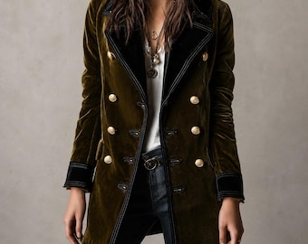 Olive Synthetic Velvet Double-Breasted Military Coat, Women’s Gothic Long Blazer, Gold Button Victorian Jacket