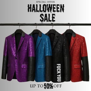 May include: Four sequined blazers in purple, blue, black, and red hang on a rail. Each blazer has black leather sleeves and a black collar. The black blazer has the words "FUCK YOU" printed vertically. The image includes the text "HALLOWEEN SALE" and "UP TO 50% OFF".