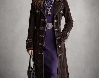 Women’s Dark Brown Suede Long Coat, Western Gothic Leather Duster, Made to Order