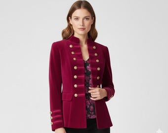 Luxury Velvet Military Style Blazer Jacket | Burgundy Double-Breasted Fashion Coat for Women | Elegant Tailored Fit with Gold Buttons